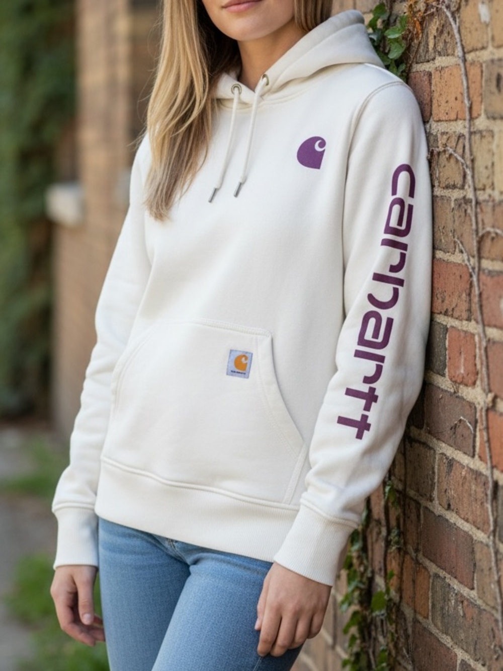 Carhartt Women's Cream Pullover Hoodie with Purple Logo and Sleeve Script